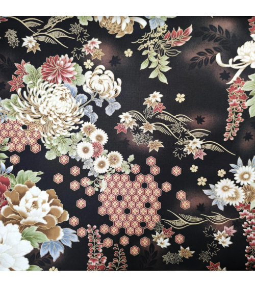 Tela japonesa Flores de Otoño con detalles en oro.