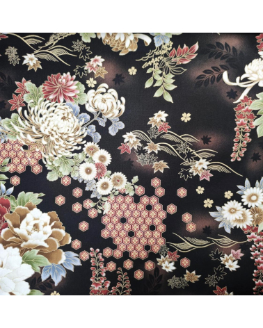 Tela japonesa Flores de Otoño con detalles en oro.
