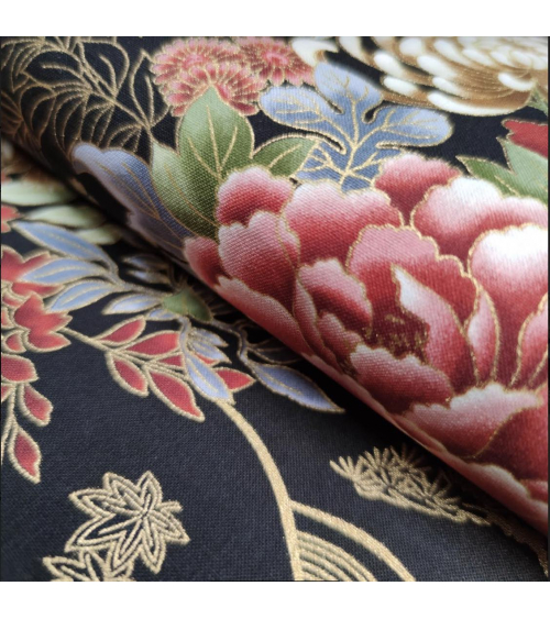Japanese fabric Autumn flowers with golden details.