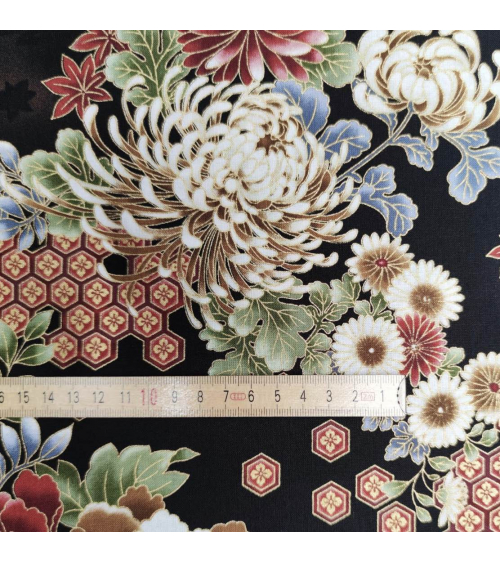 Japanese fabric Autumn flowers with golden details.