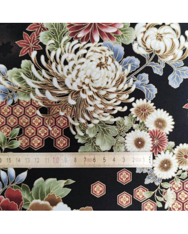 Japanese fabric Autumn flowers with golden details.
