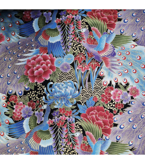 Tela japonesa pavos reales en azules con detalles en oro.