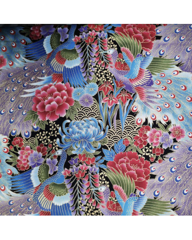 Tela japonesa pavos reales en azules con detalles en oro.