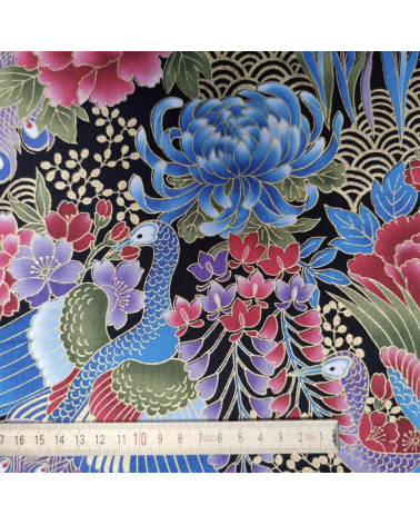 Japanese peacock fabric in blue with gold details.