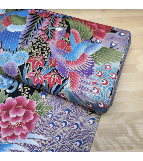 Japanese peacock fabric in blue with gold details.