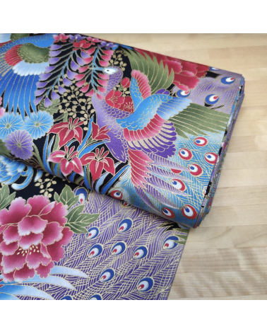 Japanese peacock fabric in blue with gold details.