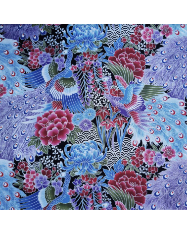 Tela japonesa pavos reales en azules con detalles en plata.