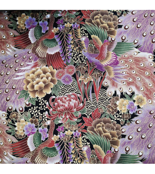 Japanese fabric 'peacocks in lilac' with golden details.