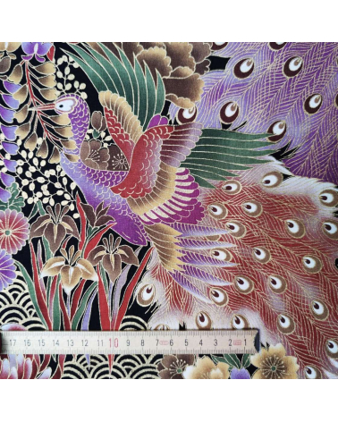 Japanese fabric 'peacocks in lilac' with golden details.