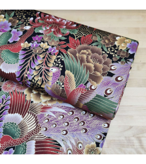 Japanese fabric 'peacocks in lilac' with golden details.