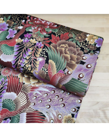 Japanese fabric 'peacocks in lilac' with golden details.