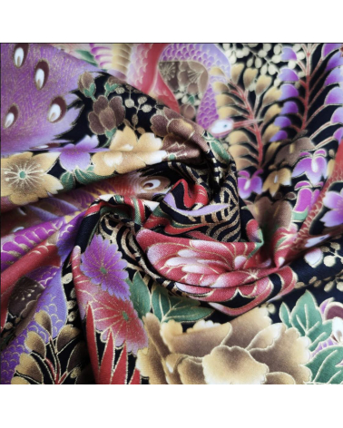 Japanese fabric 'peacocks in lilac' with golden details.