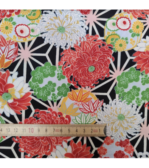 Japanese amundsen cotton fabric "Asanoha to kiku" in black