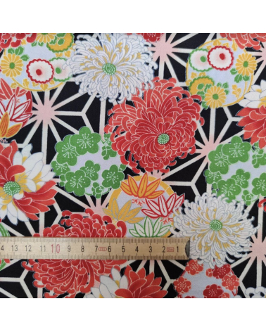 Japanese amundsen cotton fabric "Asanoha to kiku" in black