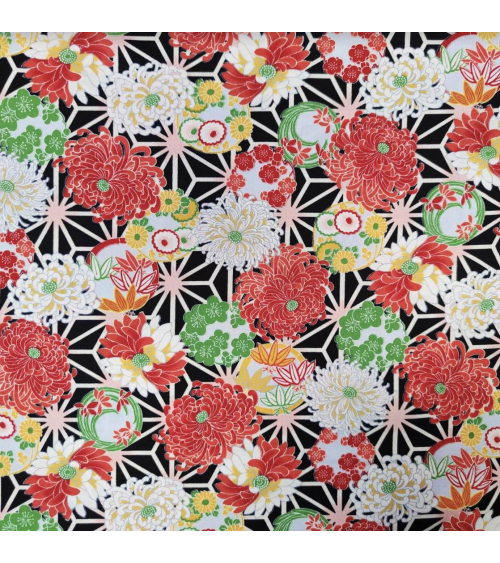 Japanese amundsen cotton fabric "Asanoha to kiku" in black