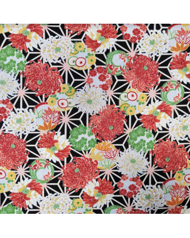 Japanese amundsen cotton fabric "Asanoha to kiku" in black