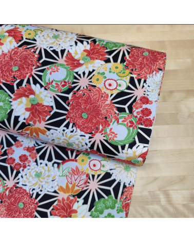 Japanese amundsen cotton fabric "Asanoha to kiku" in black