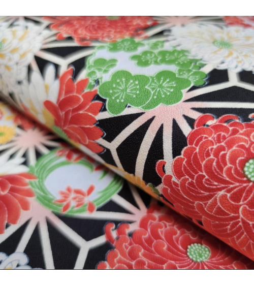 Japanese amundsen cotton fabric "Asanoha to kiku" in black
