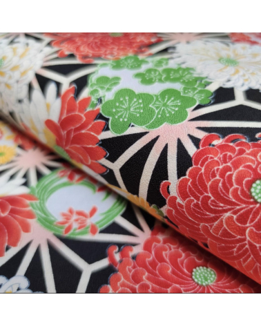 Japanese amundsen cotton fabric "Asanoha to kiku" in black