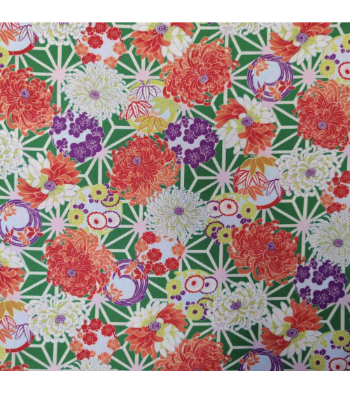 Japanese amundsen cotton fabric "Asanoha to kiku" in green
