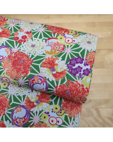 Japanese amundsen cotton fabric "Asanoha to kiku" in green