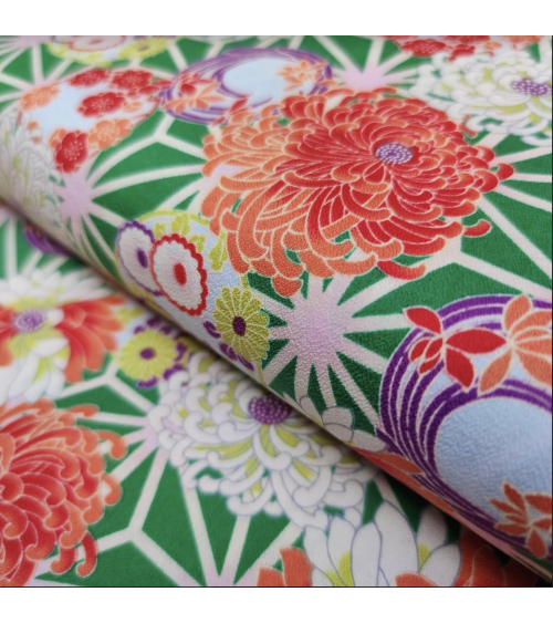 Japanese amundsen cotton fabric "Asanoha to kiku" in green