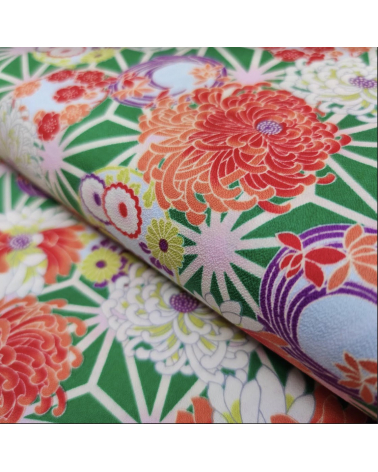 Japanese amundsen cotton fabric "Asanoha to kiku" in green