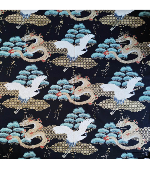Tela japonesa "Dragón y grulla" en negro.