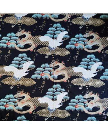 Tela japonesa "Dragón y grulla" en negro.