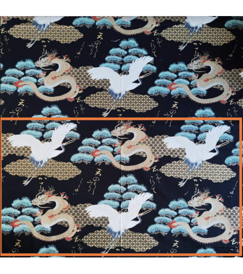 Japanese fabric "Dragon and crane" in black.