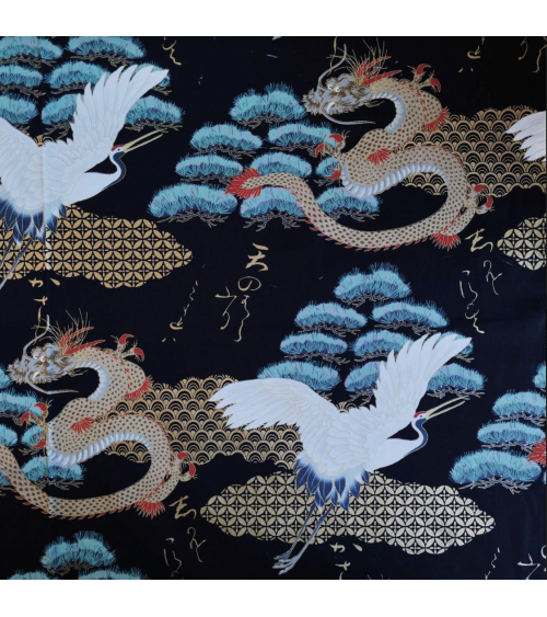 Tela japonesa "Dragón y grulla" en negro.
