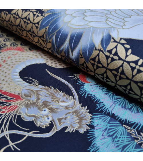 Japanese fabric "Dragon and crane" in black.