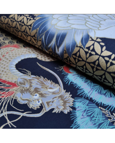 Japanese fabric "Dragon and crane" in black.