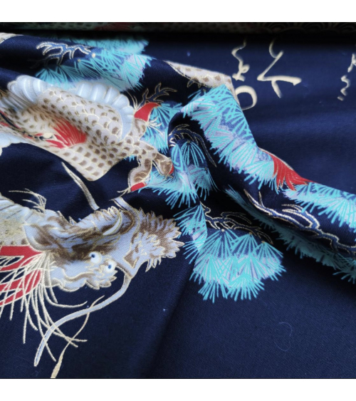 Japanese fabric "Dragon and crane" in black.