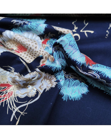 Japanese fabric "Dragon and crane" in black.