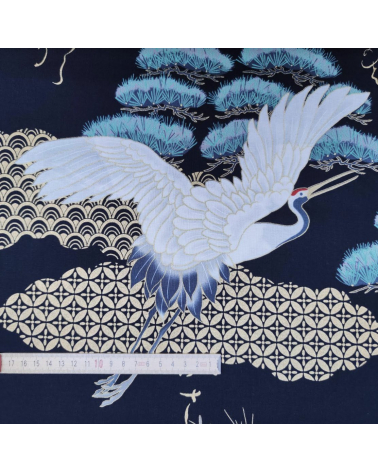 Japanese fabric "Dragon and crane" in black.