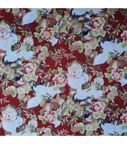 Japanese fabric. Cranes and flowers in red with golden details.