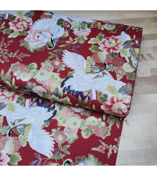 Japanese fabric. Cranes and flowers in red with golden details.