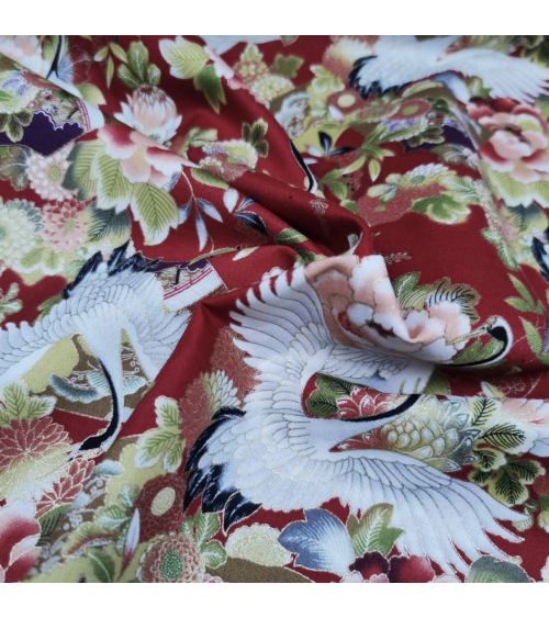 Japanese fabric. Cranes and flowers in red with golden details.