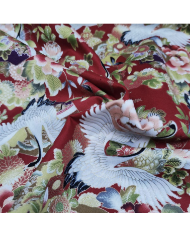 Japanese fabric. Cranes and flowers in red with golden details.