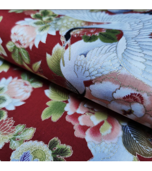 Japanese fabric. Cranes and flowers in red with golden details.