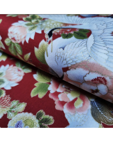 Japanese fabric. Cranes and flowers in red with golden details.
