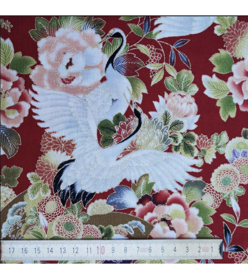 Japanese fabric. Cranes and flowers in red with golden details.