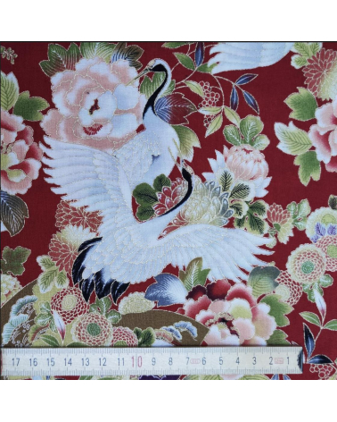 Japanese fabric. Cranes and flowers in red with golden details.