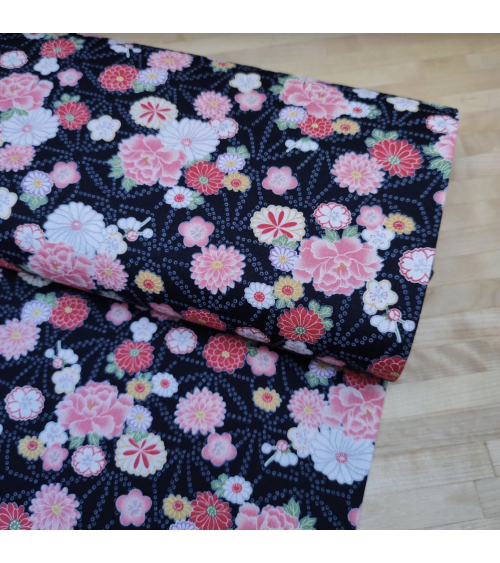 Tela japonesa dobby "Aanoha to hana" en negro.