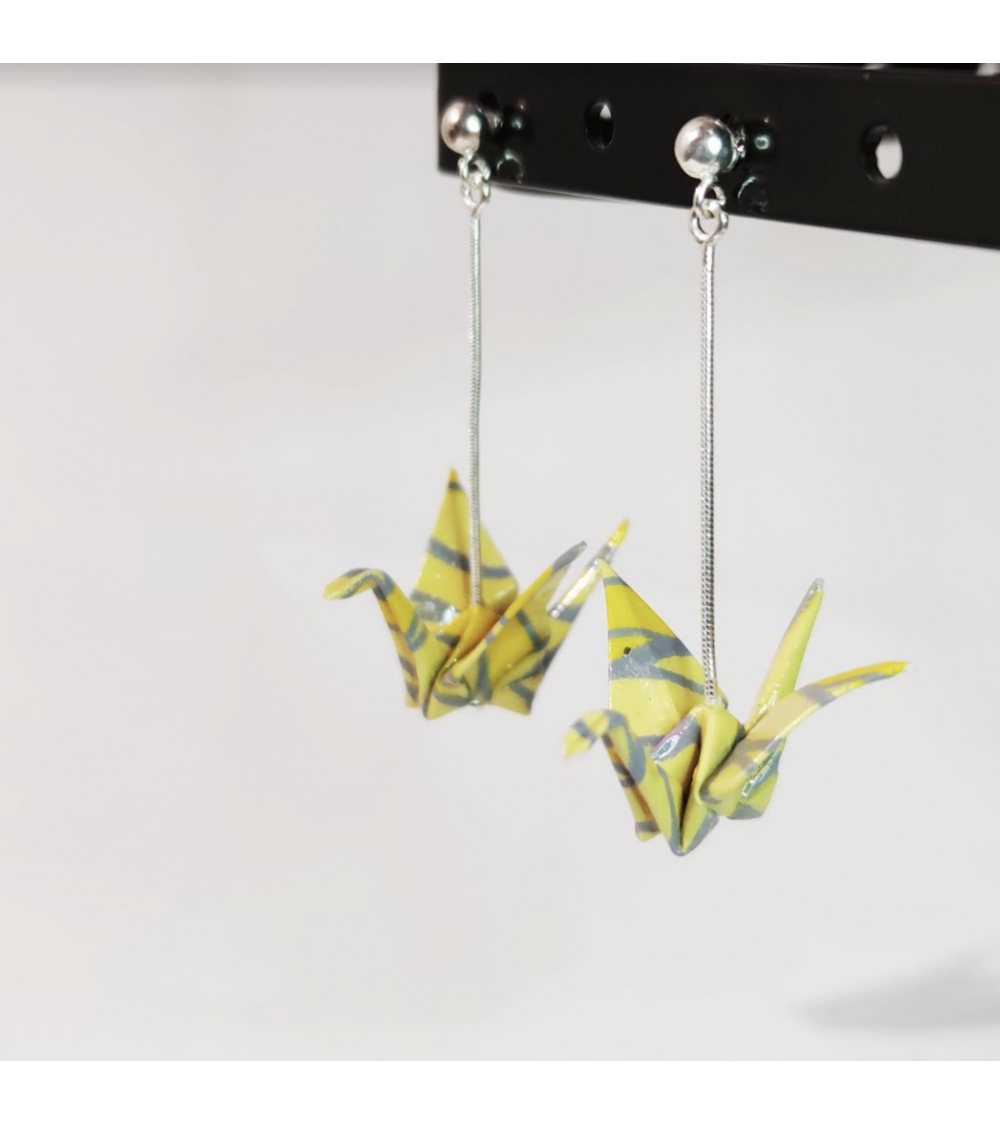 Yellow and grey origami cranes Earrings. Silver.