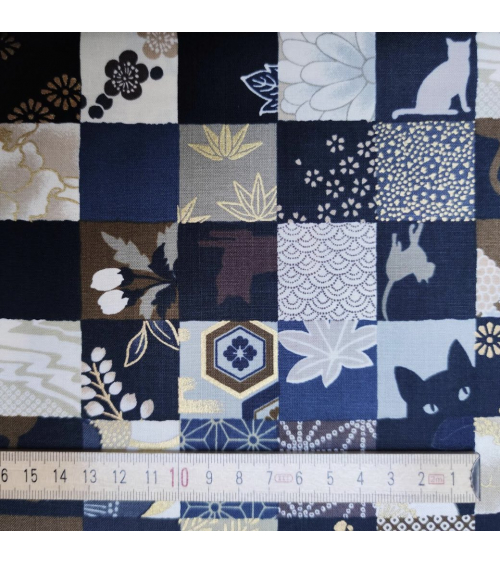 Japanese fabric. Cats Patchwork in winter colors.