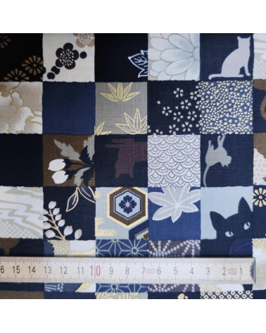 Japanese fabric. Cats Patchwork in winter colors.