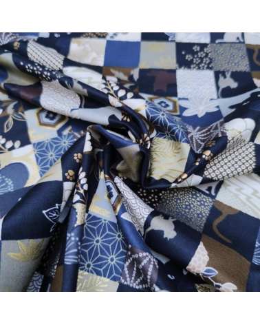 Japanese fabric. Cats Patchwork in winter colors.