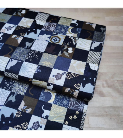 Japanese fabric. Cats Patchwork in winter colors.